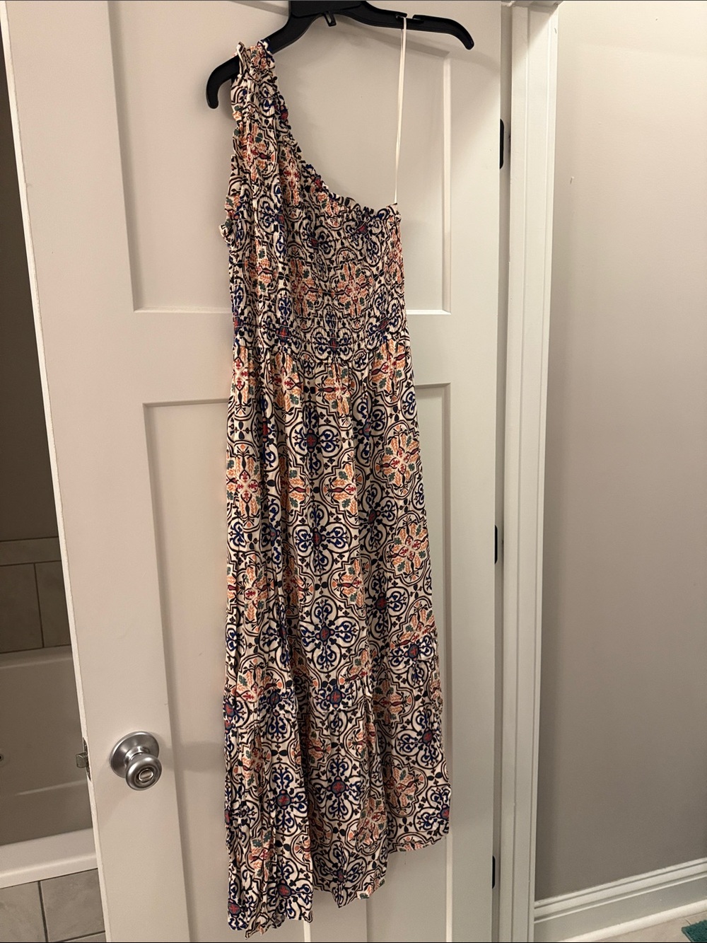 Knox Rose One-Shoulder Maxi Dress in Beige, Navy and Coral